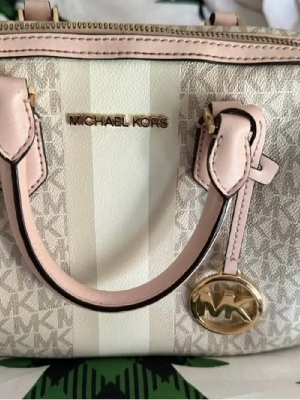 Michael Kors Pink and Cream Logo Satchel with Gold Hardware